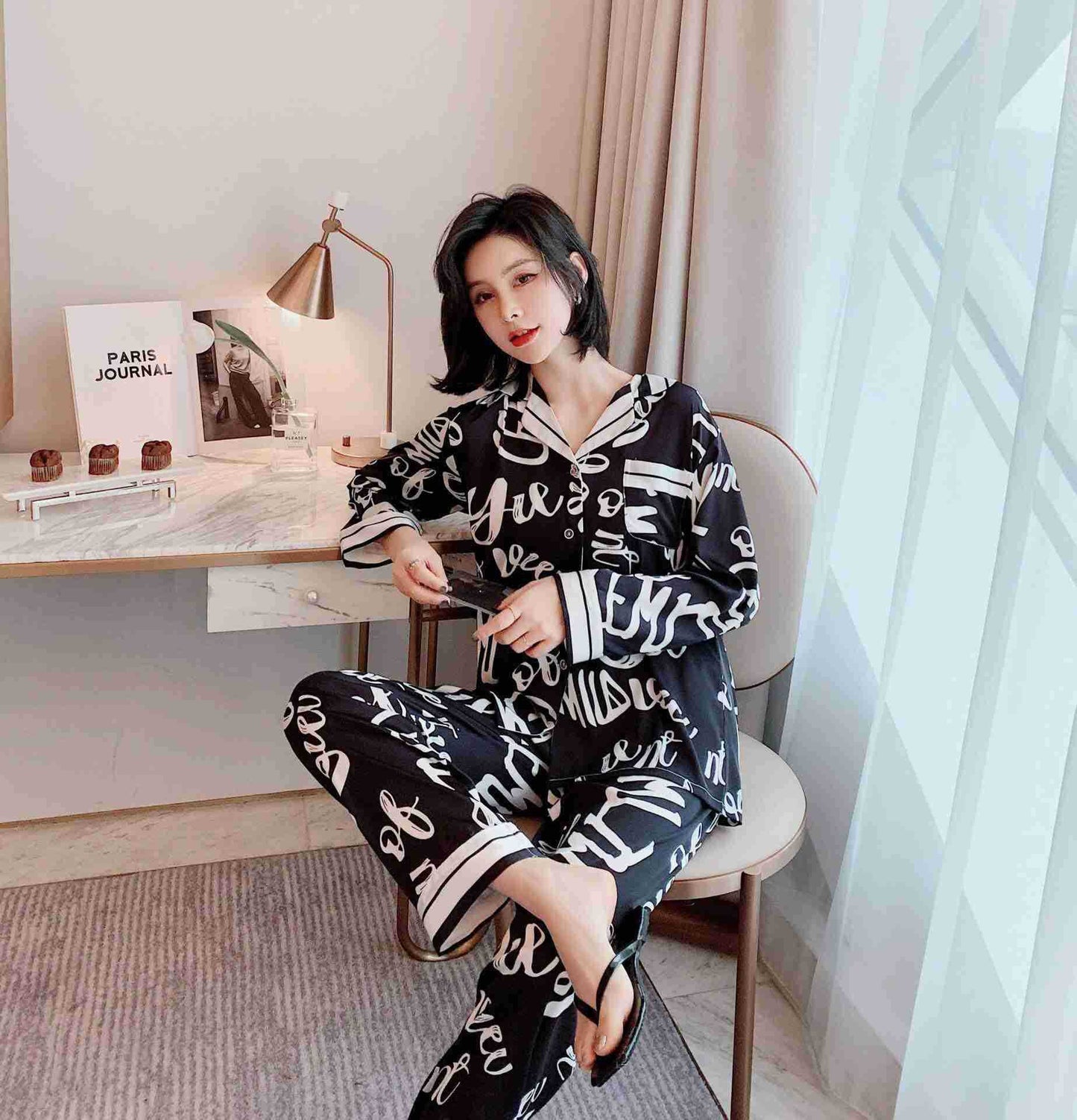 Printed pajamas spring and autumn simulation silk