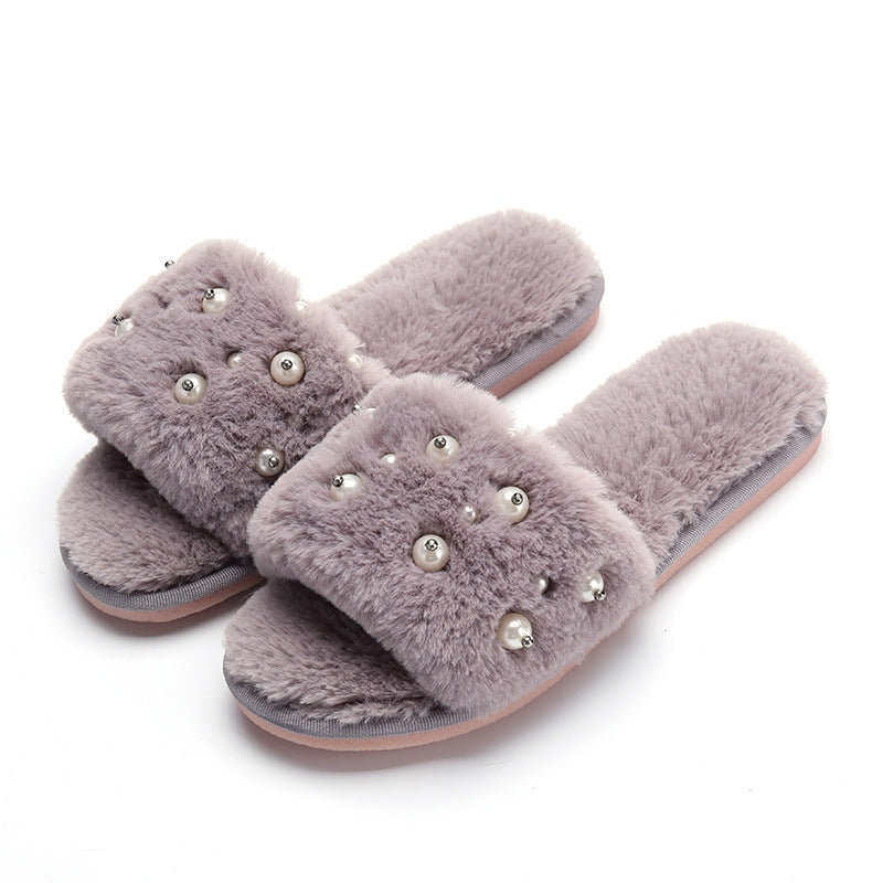 Ladies wear beaded plush slippers