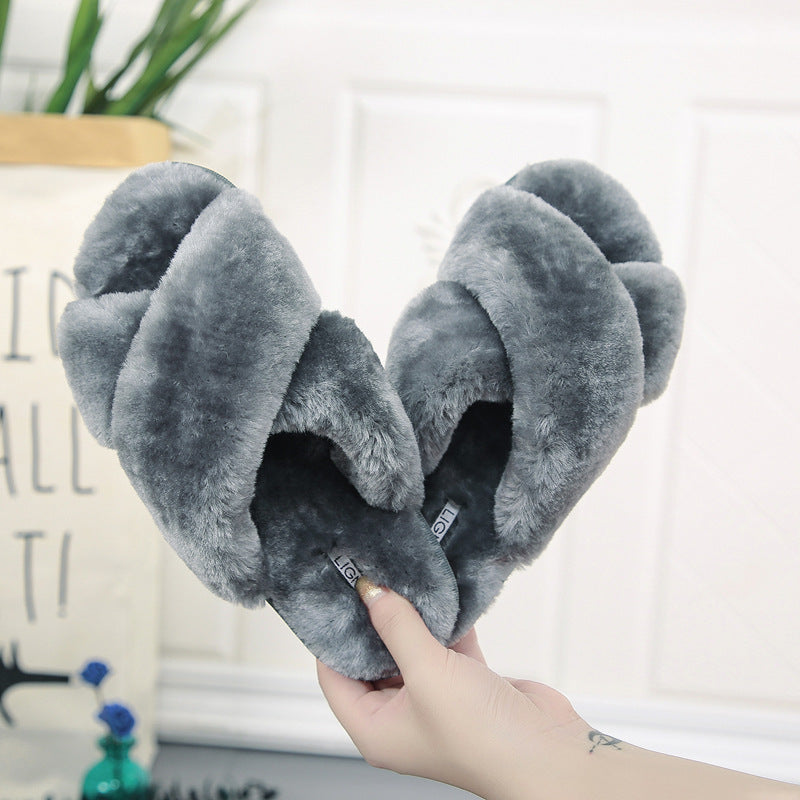 Cross open-toe fur slippers