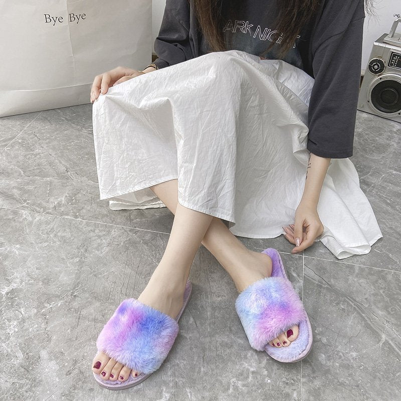 Women's Casual Plush Rainbow Cotton Slippers