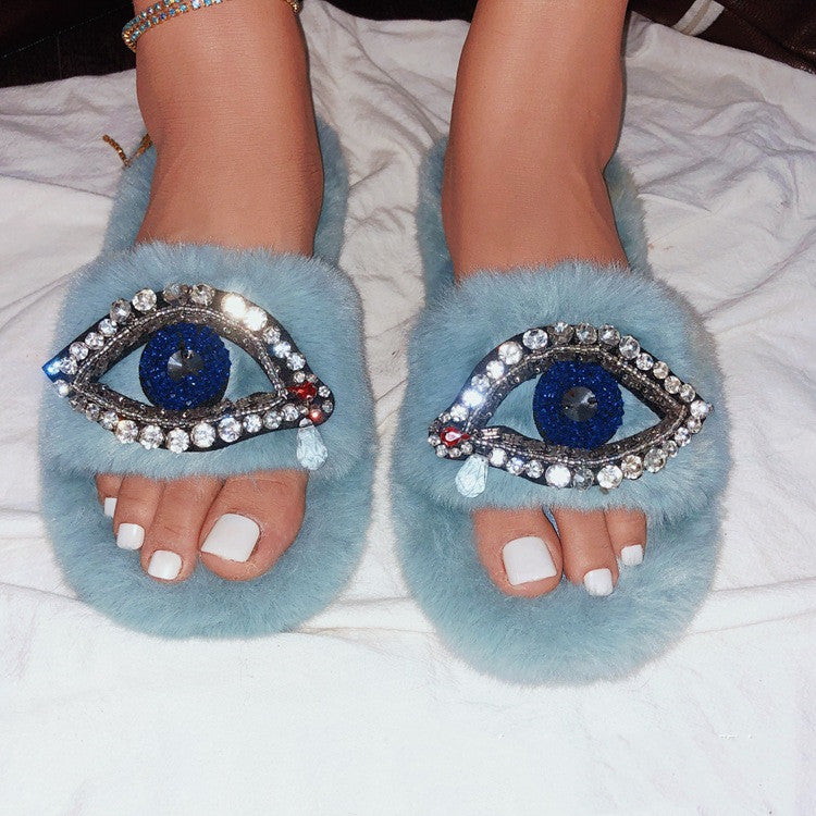 Faux Fur Velvet Slippers Demon Eye