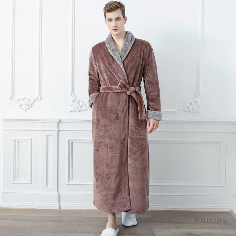 Winter Long Coral Fleece Men's Thick Warm Flannel Bathrobe