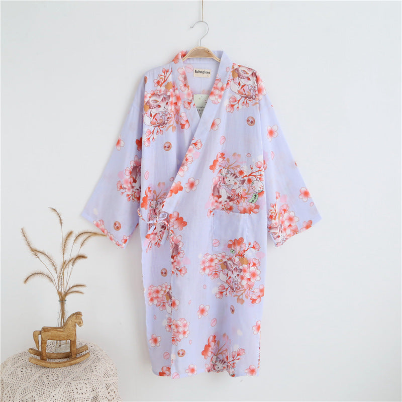 Thin Cotton Bathrobe Cotton Pajamas Cardigan Long Sleeping Skirt Sweat Steaming Suit