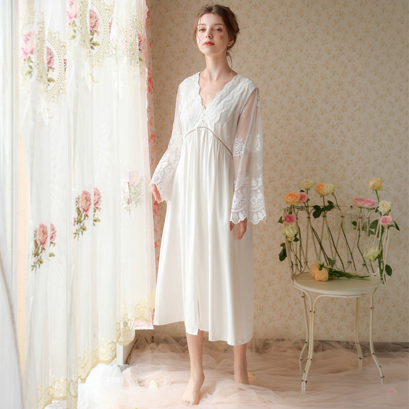 Long-sleeved V-neck Nightdress Embroidered With Cotton Gauze