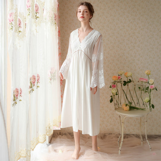 Long-sleeved V-neck Nightdress Embroidered With Cotton Gauze