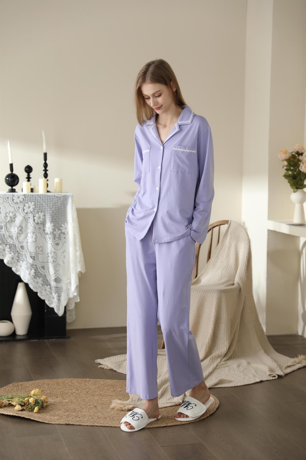 Solid Color Cotton Long-sleeved Trousers Two-piece Shirt Collar Outerwear Homewear Pajamas