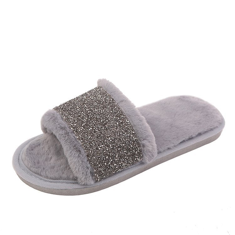 Rhinestone plush indoor slippers