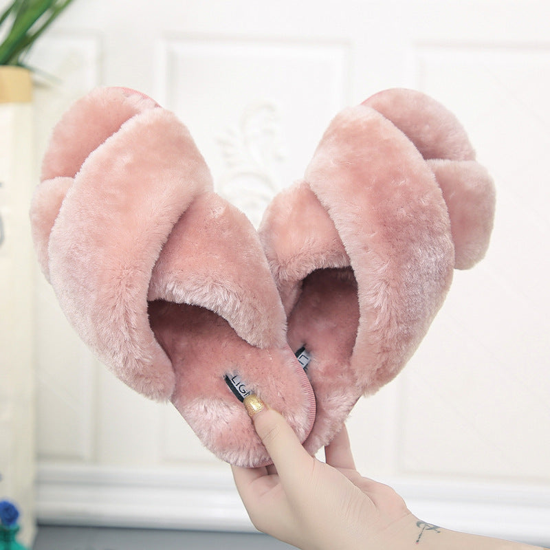 Cross open-toe fur slippers