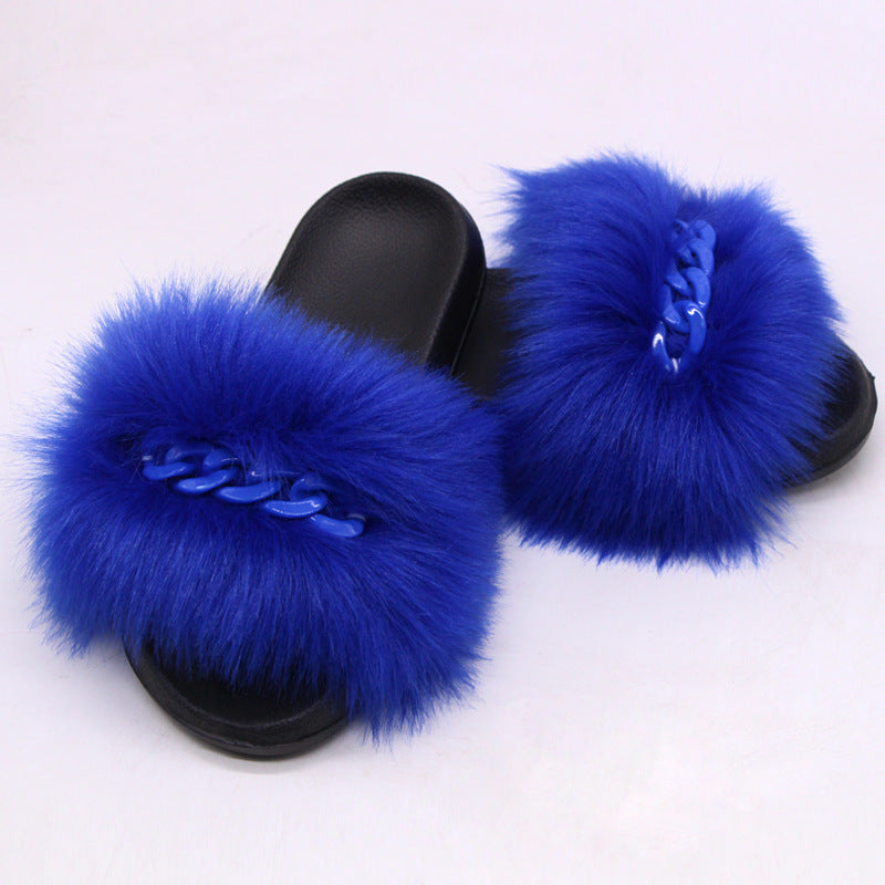 Faux Fox Fur Slippers Female Color Chain Plush Flip-flop Sandals And Slippers