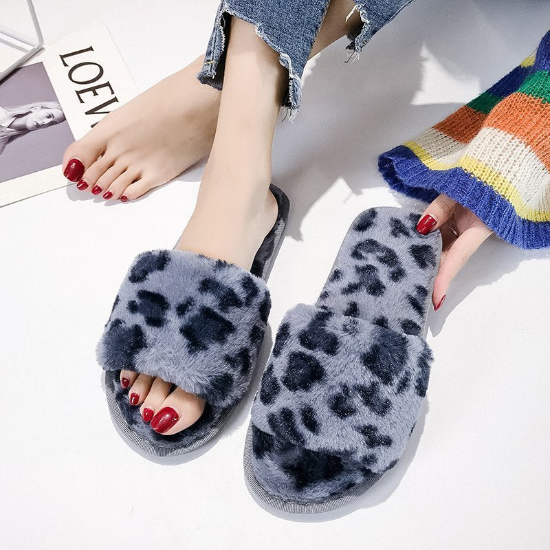 Leopard slippers female fur mop