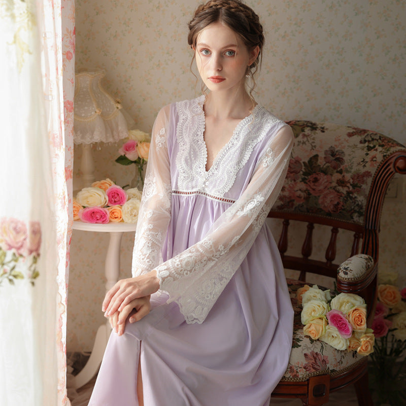 Long-sleeved V-neck Nightdress Embroidered With Cotton Gauze