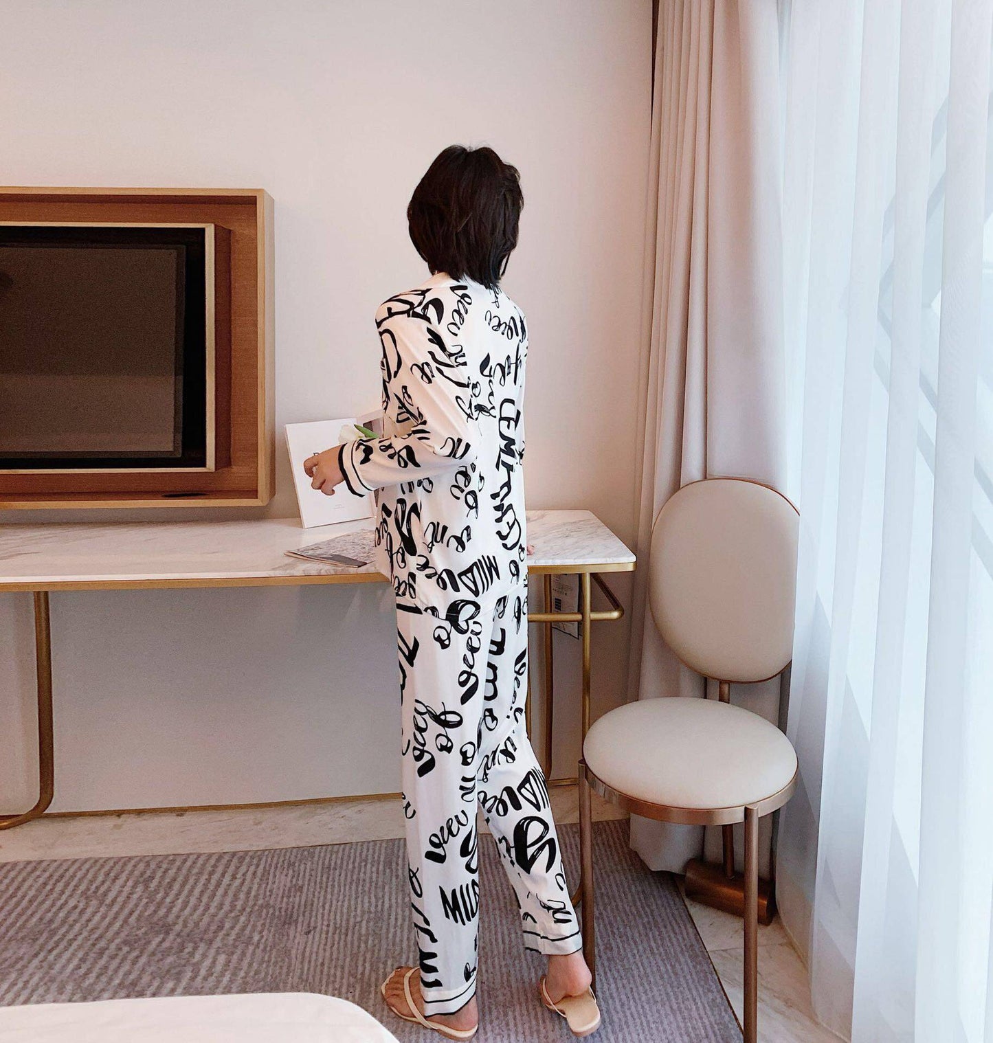 Printed pajamas spring and autumn simulation silk