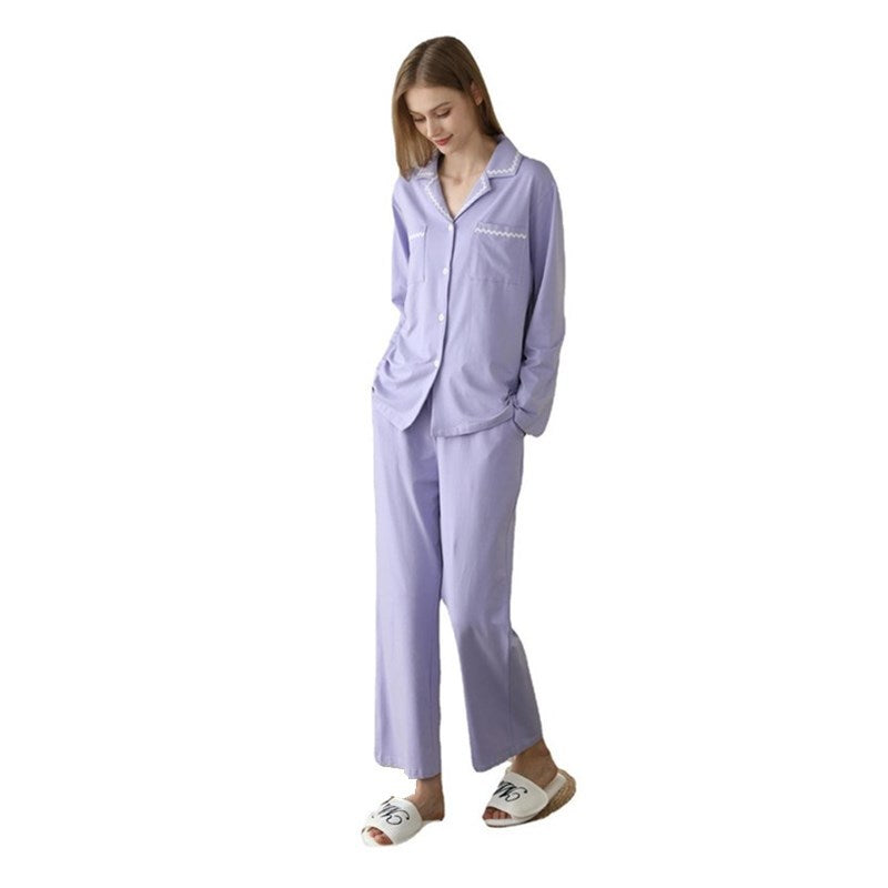 Solid Color Cotton Long-sleeved Trousers Two-piece Shirt Collar Outerwear Homewear Pajamas