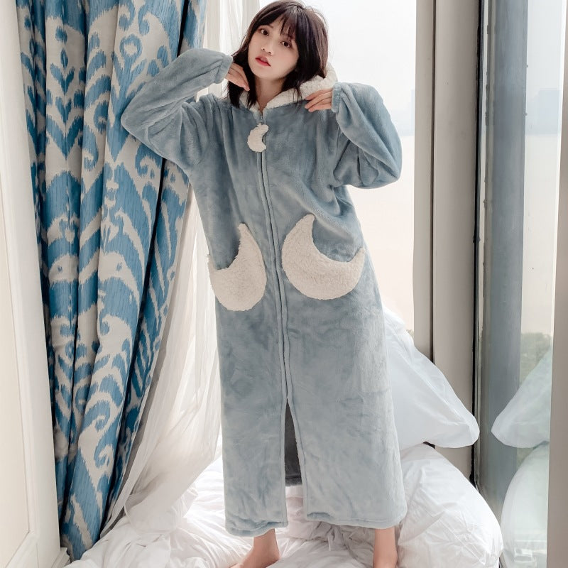 Winter Stars And Moon Flannel Pajamas Couple Nightgown Plus Size Lamb Cashmere Home Service