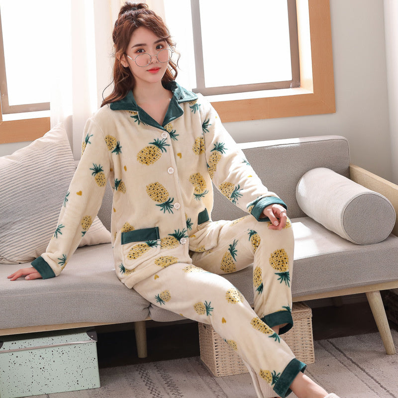 Thickened Flannel Pajamas Ladies Cardigan Suit Long-sleeved Warm Home Service