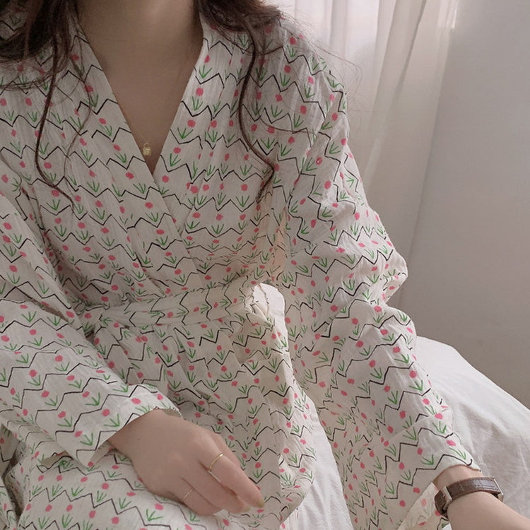 Women's Autumn Pure Cotton Cute Flower Print Bathrobe