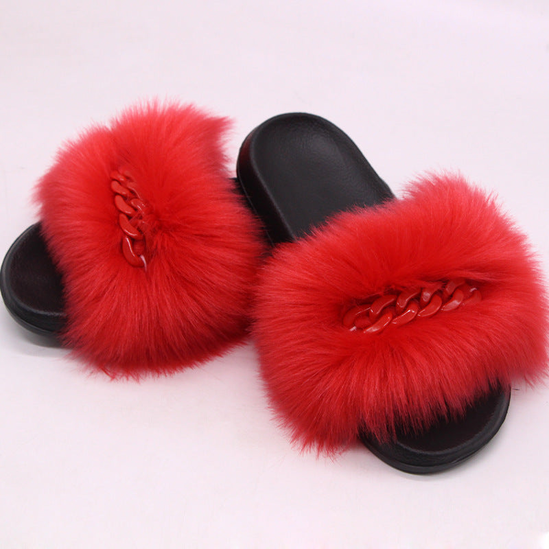 Faux Fox Fur Slippers Female Color Chain Plush Flip-flop Sandals And Slippers