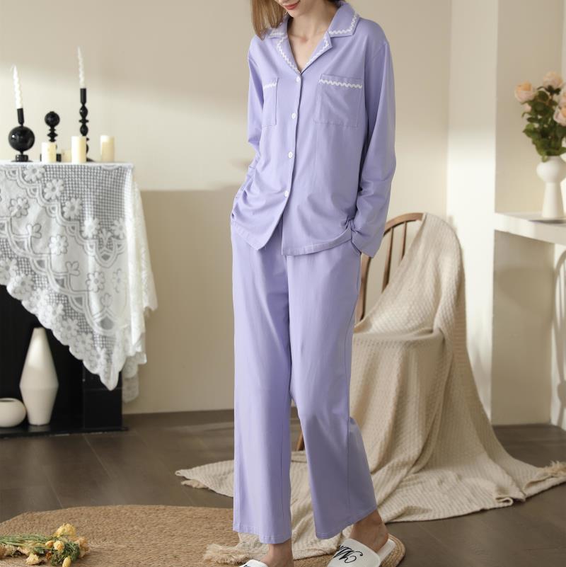 Solid Color Cotton Long-sleeved Trousers Two-piece Shirt Collar Outerwear Homewear Pajamas