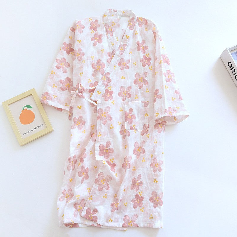 Thin Cotton Bathrobe Cotton Pajamas Cardigan Long Sleeping Skirt Sweat Steaming Suit