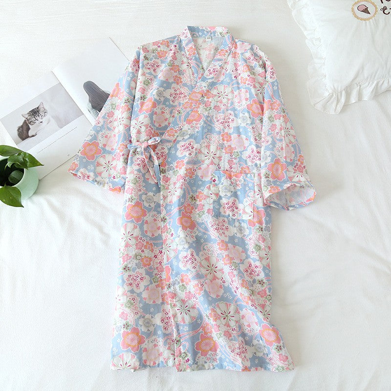 Thin Cotton Bathrobe Cotton Pajamas Cardigan Long Sleeping Skirt Sweat Steaming Suit