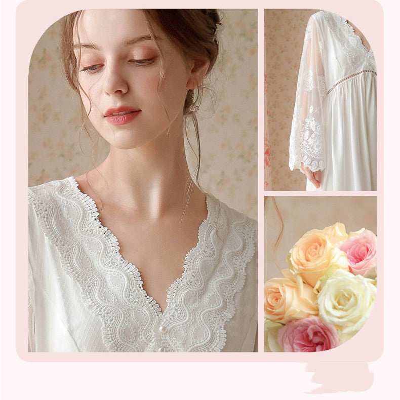 Long-sleeved V-neck Nightdress Embroidered With Cotton Gauze