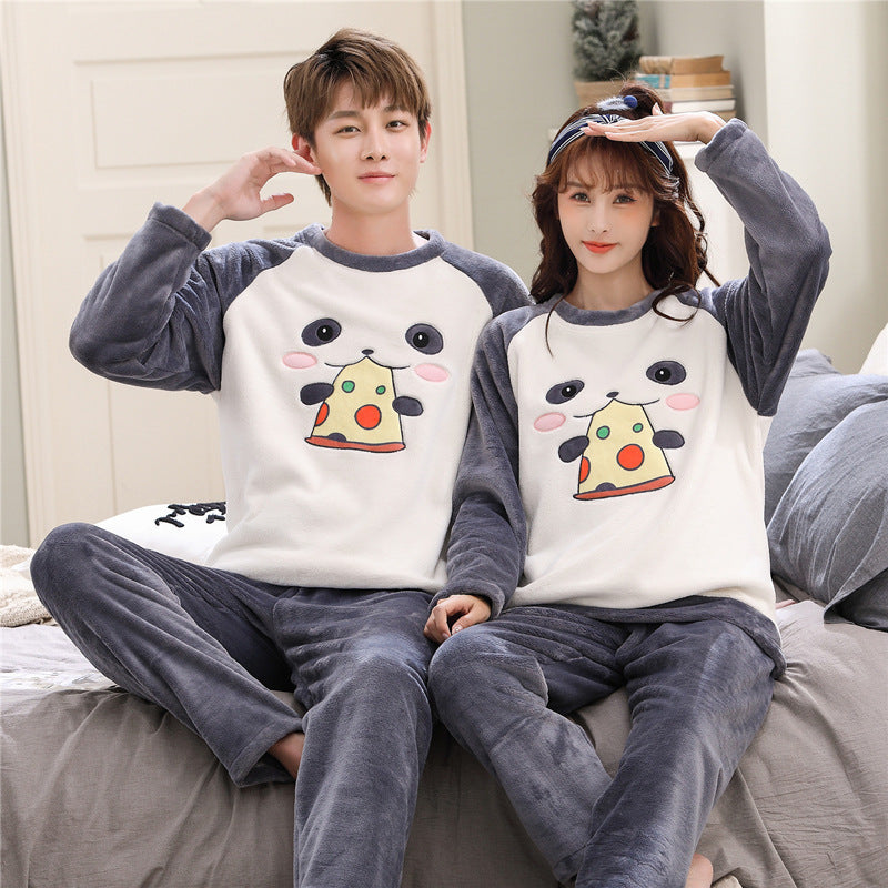 Couple Coral Velvet Pajamas Fleece-lined Thickened Cartoon Loose And Warm