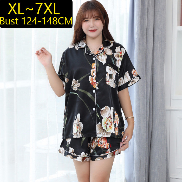 Plus Size Ladies Ice Silk Short Sleeve Pajama Set