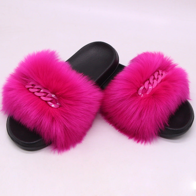 Faux Fox Fur Slippers Female Color Chain Plush Flip-flop Sandals And Slippers