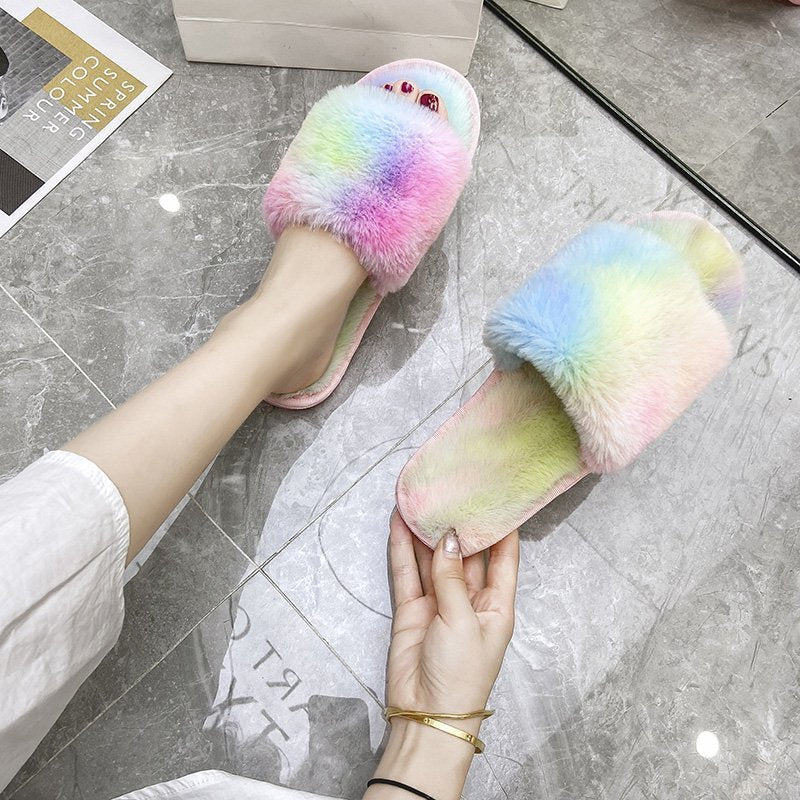 Women's Casual Plush Rainbow Cotton Slippers