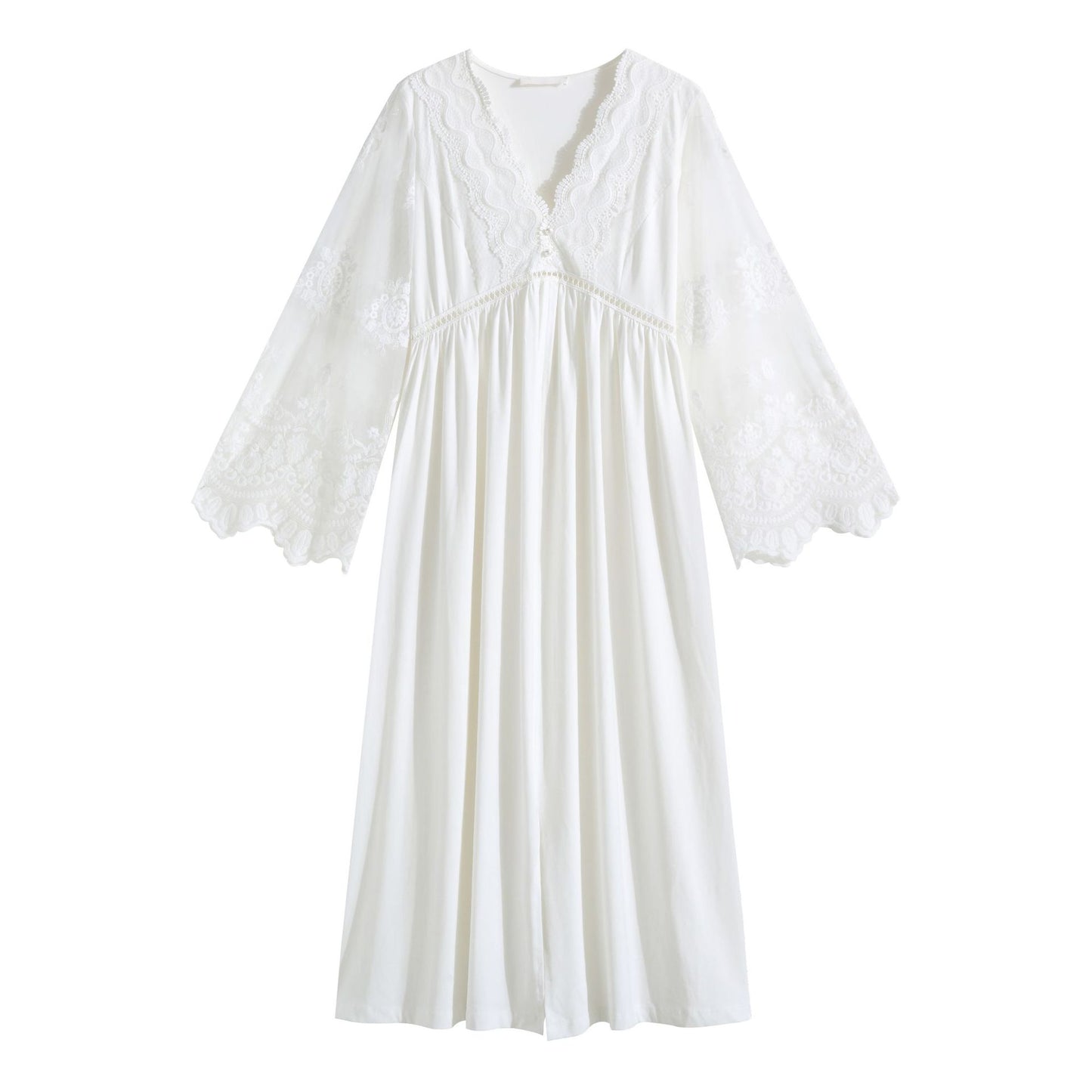 Long-sleeved V-neck Nightdress Embroidered With Cotton Gauze