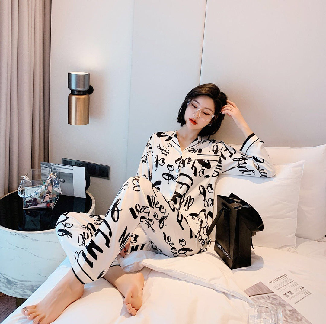 Printed pajamas spring and autumn simulation silk