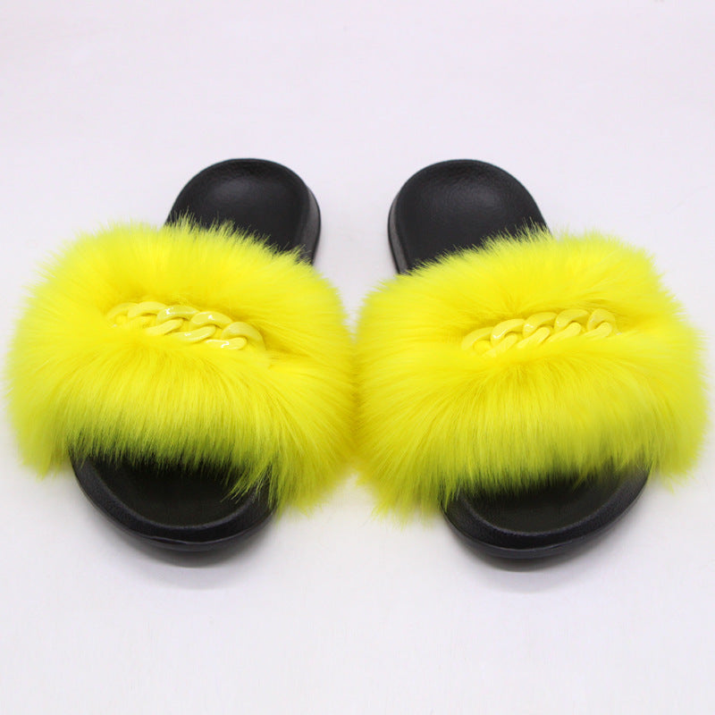 Faux Fox Fur Slippers Female Color Chain Plush Flip-flop Sandals And Slippers