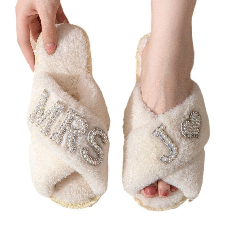 Women's Plush Slippers Home Non-slip Cotton Slippers Fleece-lined Thickened Cross Toe Covering Fluffy Slippers