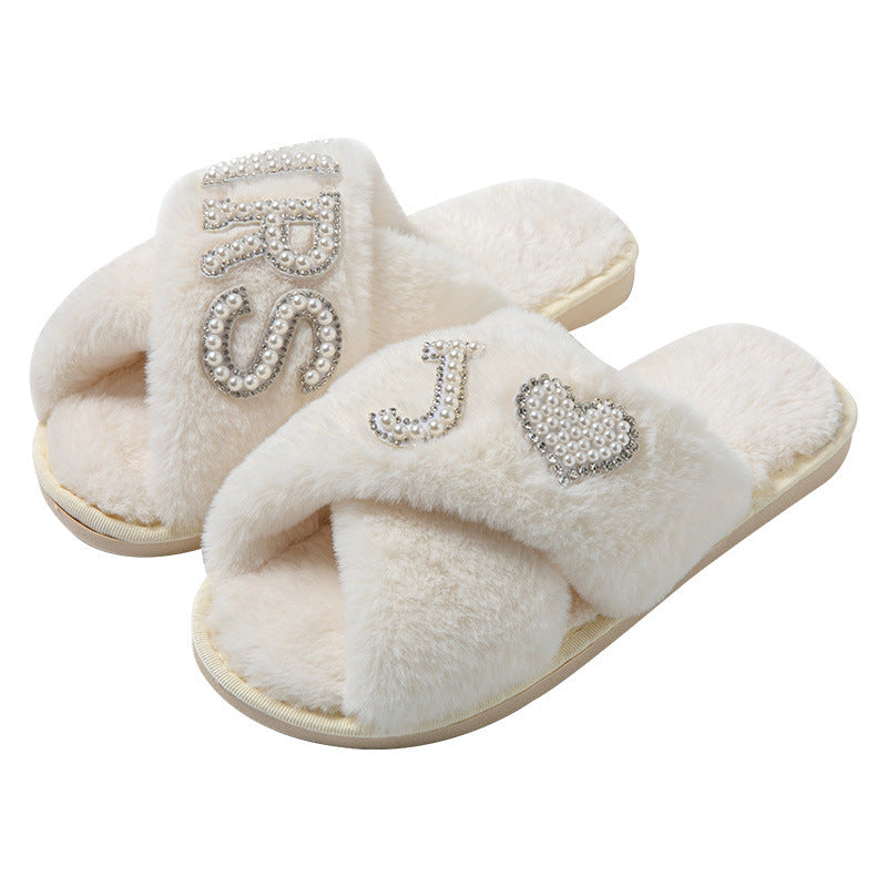 Women's Plush Slippers Home Non-slip Cotton Slippers Fleece-lined Thickened Cross Toe Covering Fluffy Slippers