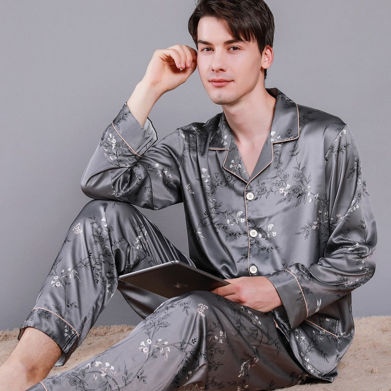 Men's Pajamas Silk Spring Long Sleeve New Print Cardigan Spring And Autumn Leisure Ice Silk Home Wear Suit