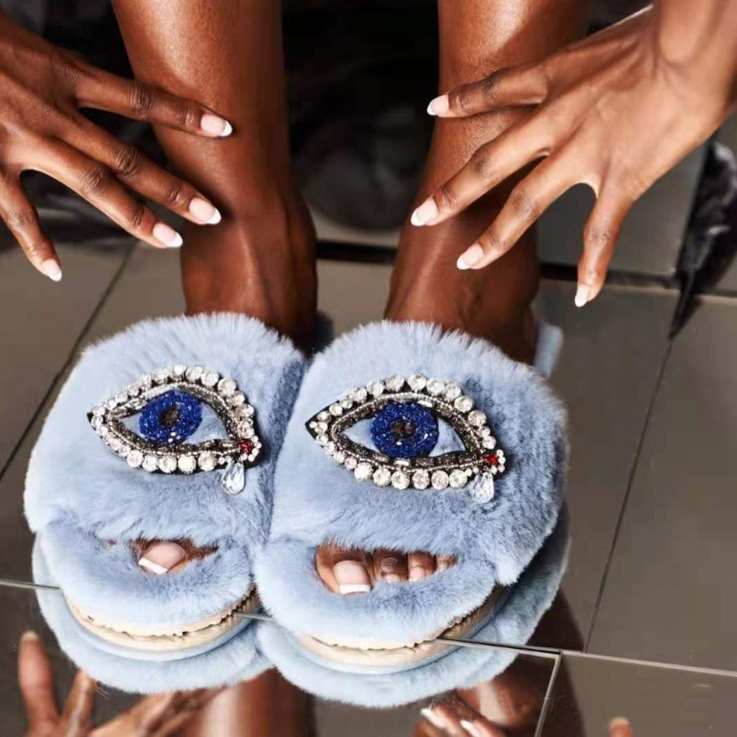 Faux Fur Velvet Slippers Demon Eye