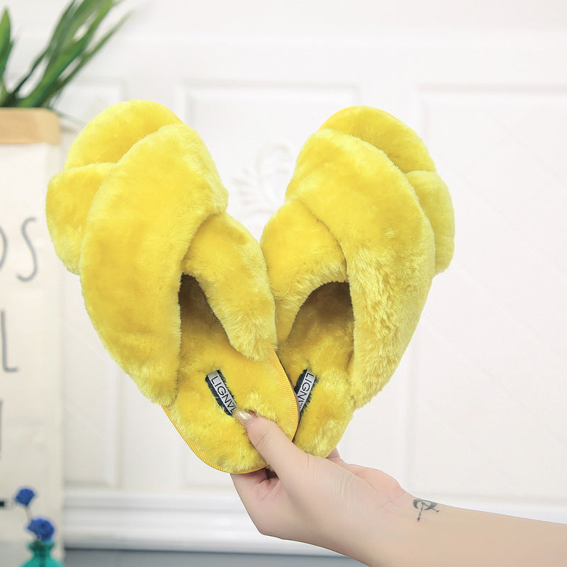 Cross open-toe fur slippers