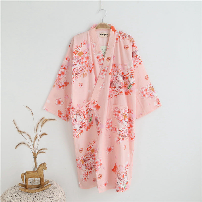 Thin Cotton Bathrobe Cotton Pajamas Cardigan Long Sleeping Skirt Sweat Steaming Suit