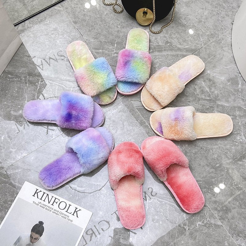 Women's Casual Plush Rainbow Cotton Slippers