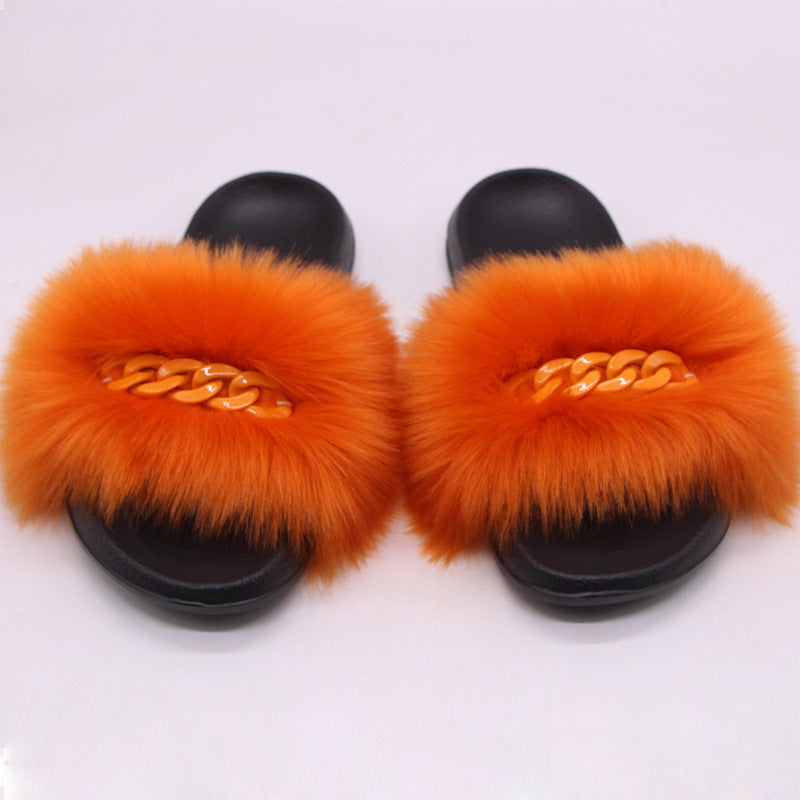 Faux Fox Fur Slippers Female Color Chain Plush Flip-flop Sandals And Slippers