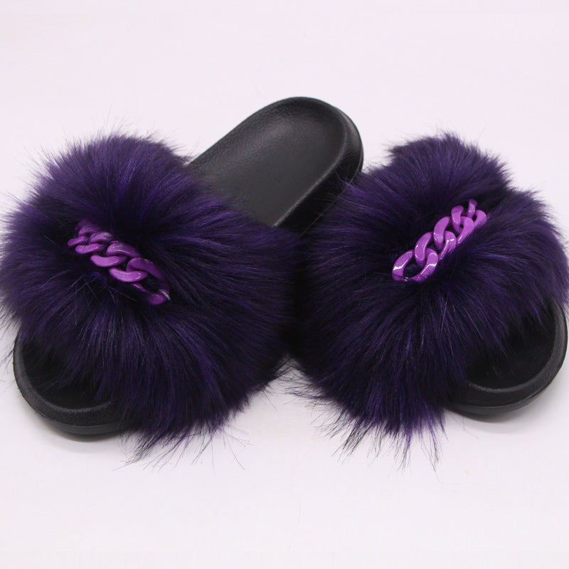 Faux Fox Fur Slippers Female Color Chain Plush Flip-flop Sandals And Slippers