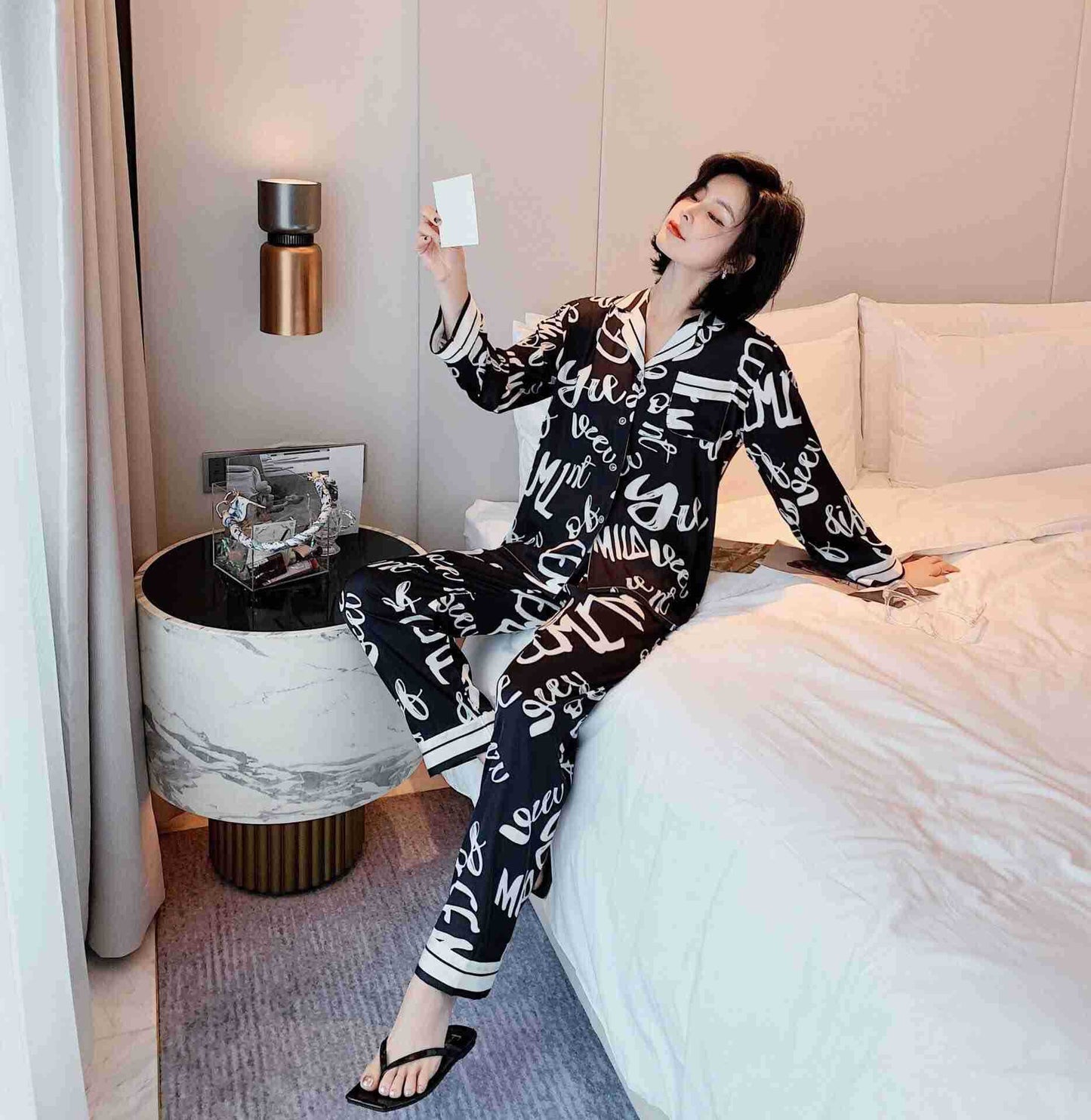 Printed pajamas spring and autumn simulation silk