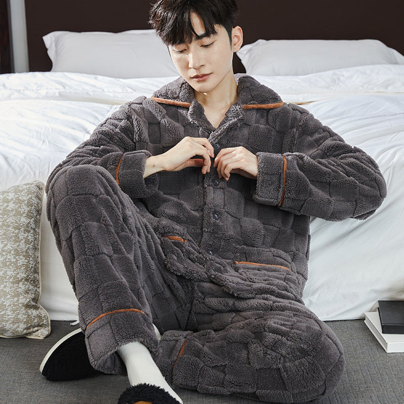 Pajamas Men's Jacquard Flannel Loose Fleece-lined Warm Loungewear