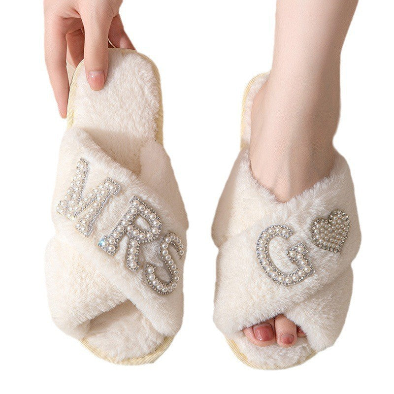 Women's Plush Slippers Home Non-slip Cotton Slippers Fleece-lined Thickened Cross Toe Covering Fluffy Slippers