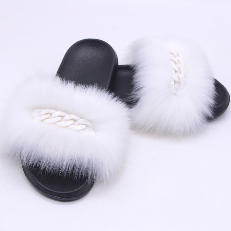 Faux Fox Fur Slippers Female Color Chain Plush Flip-flop Sandals And Slippers