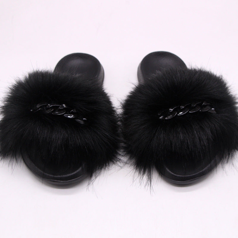 Faux Fox Fur Slippers Female Color Chain Plush Flip-flop Sandals And Slippers