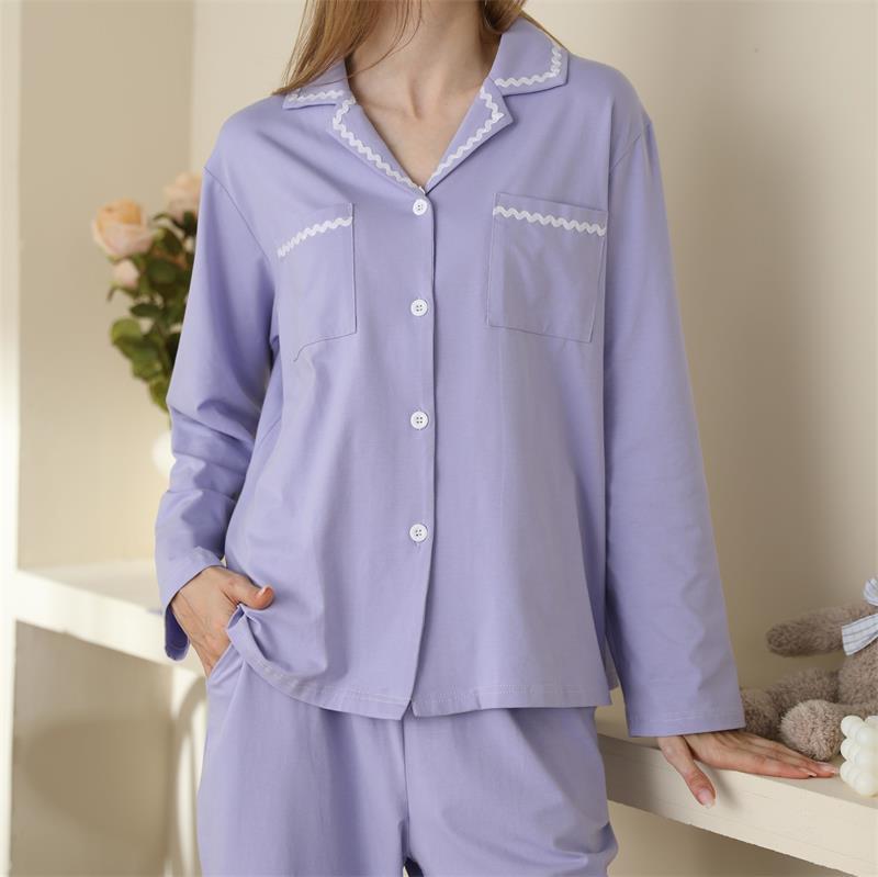 Solid Color Cotton Long-sleeved Trousers Two-piece Shirt Collar Outerwear Homewear Pajamas