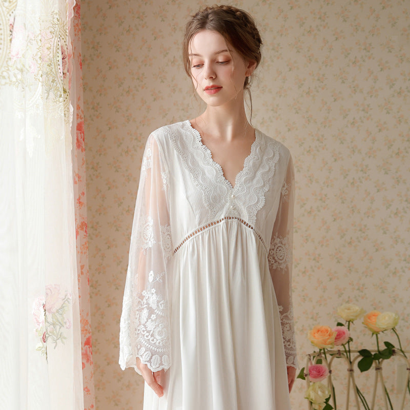 Long-sleeved V-neck Nightdress Embroidered With Cotton Gauze