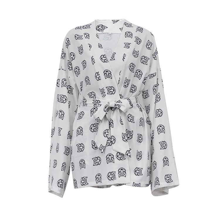 Loose Printed Women's Casual Tie Long-sleeved Pajamas