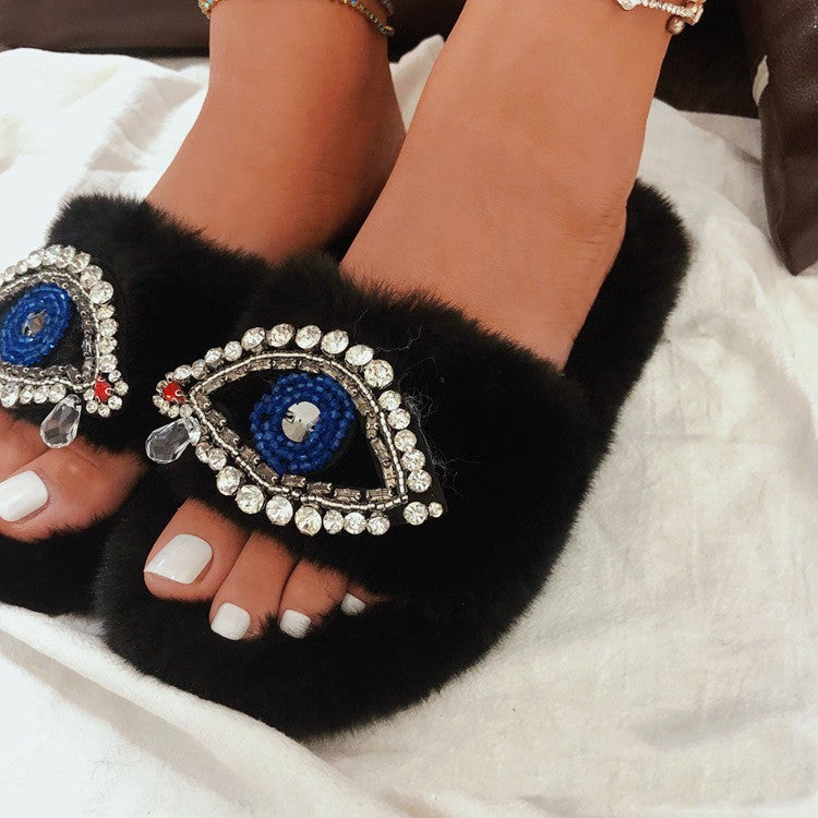 Faux Fur Velvet Slippers Demon Eye